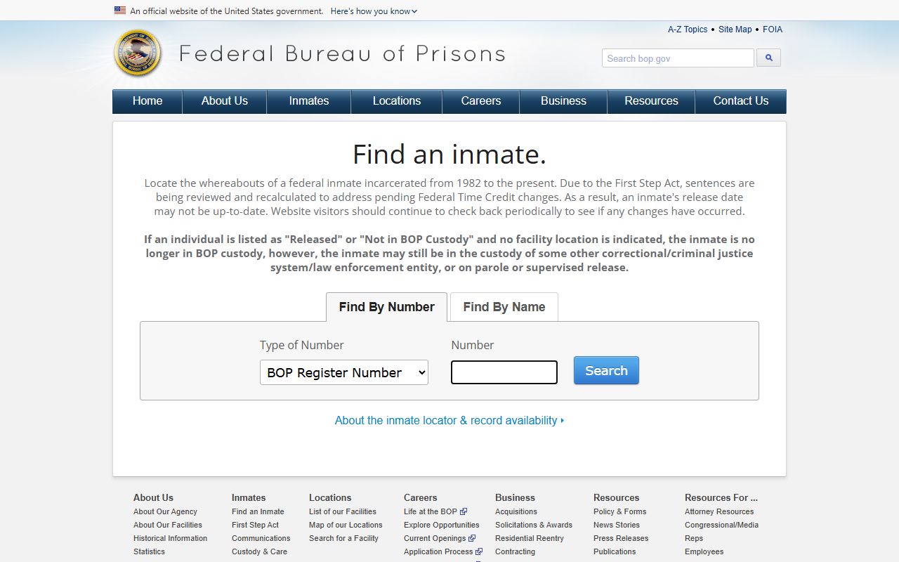 BOP inmate locator search screen for FCI Danbury federal inmates near Norwalk County