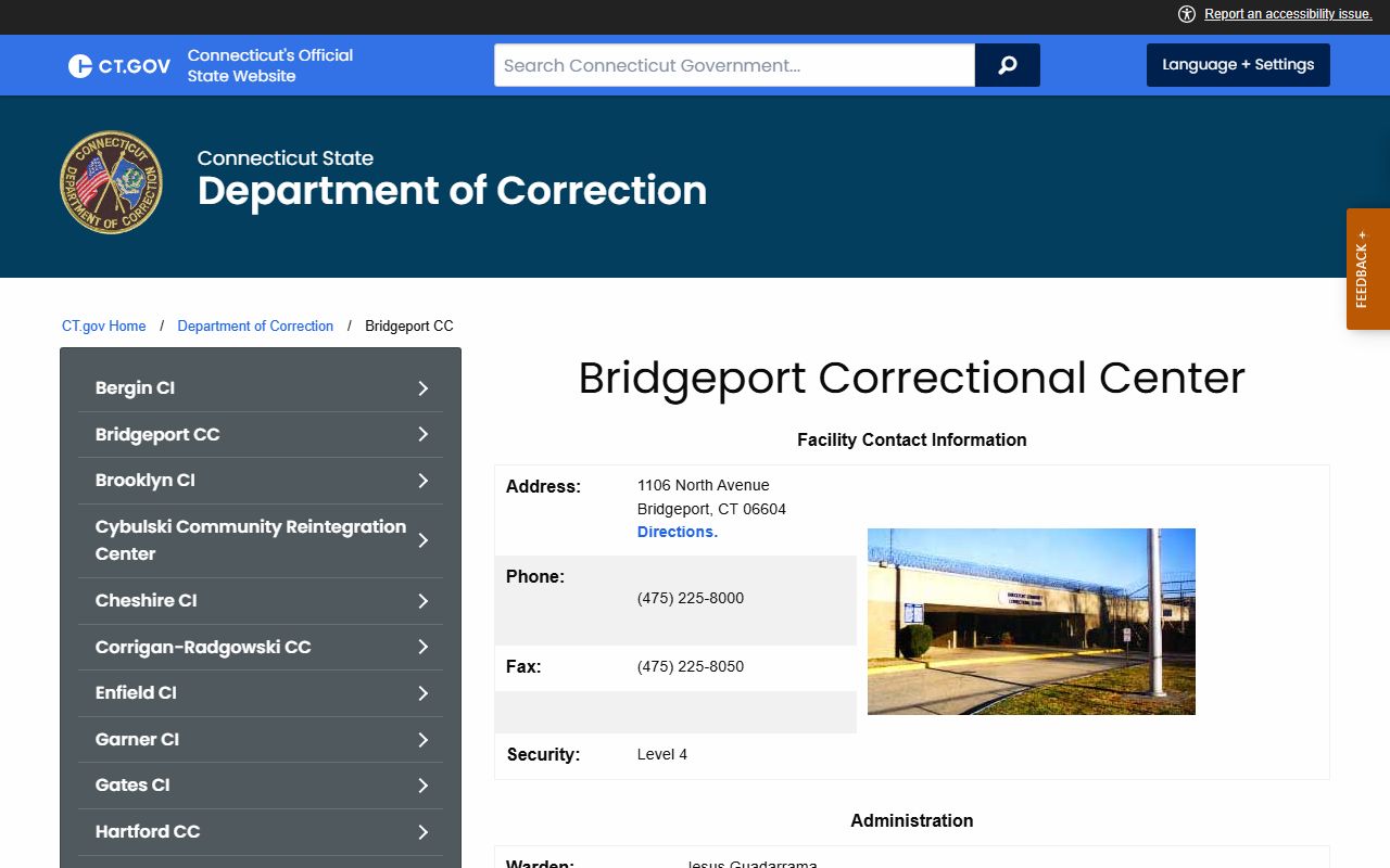 Bridgeport Correctional Center official DOC page for the Norwalk County inmate population