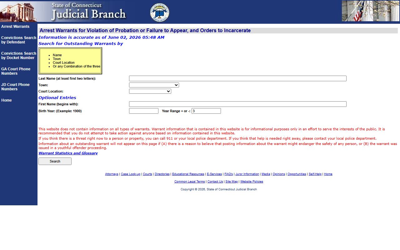 Norwalk County active warrants search for failure to appear on the Connecticut Judicial Branch site