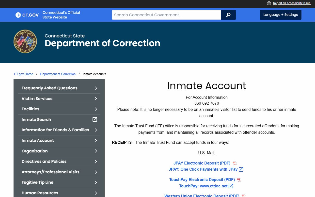 Connecticut DOC inmate accounts page for sending money to a Bridgeport Correctional Center inmate