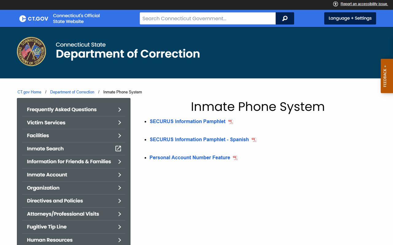Connecticut DOC Securus inmate phone system page for Garner Correctional Institution near Norwalk County