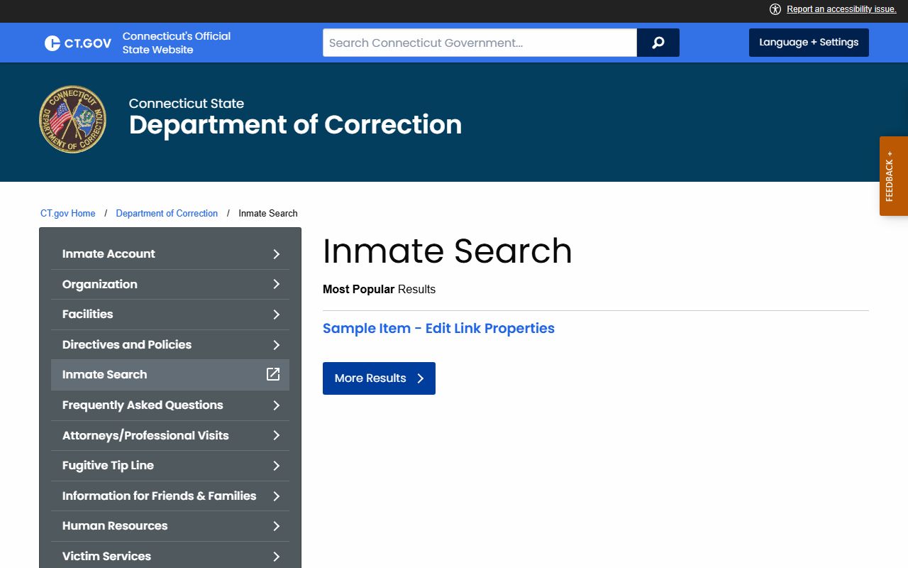 Connecticut DOC inmate search landing page for the Norwalk County inmate population