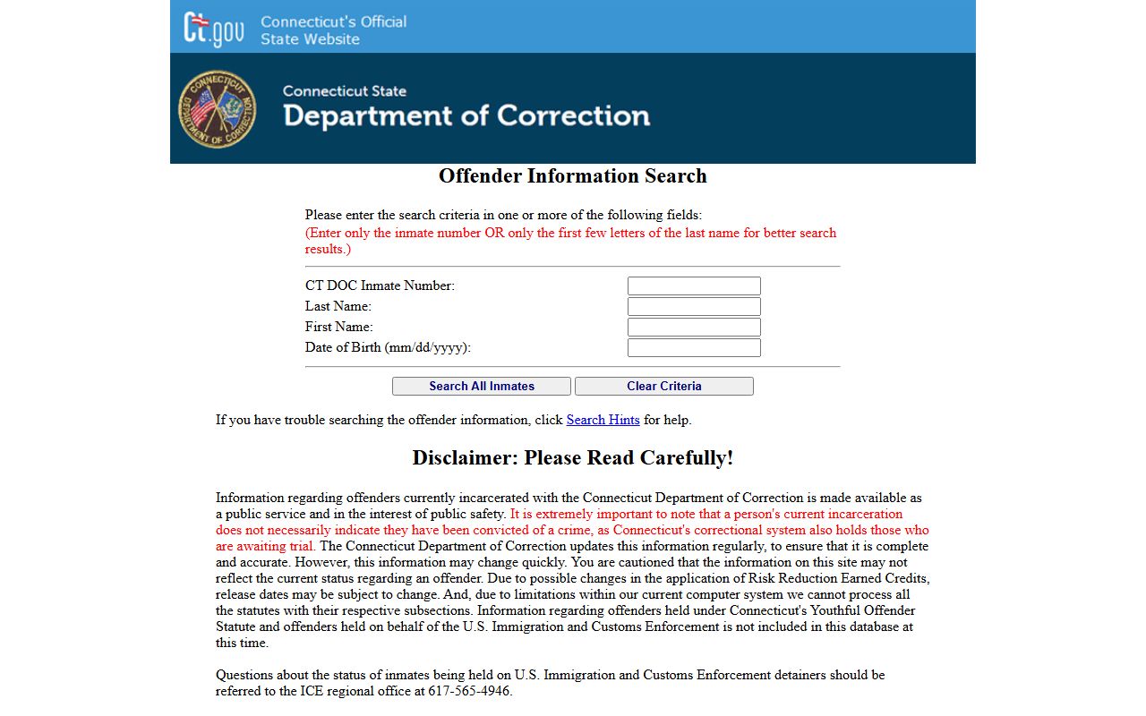 Connecticut DOC inmate search portal for Norwalk County custody records