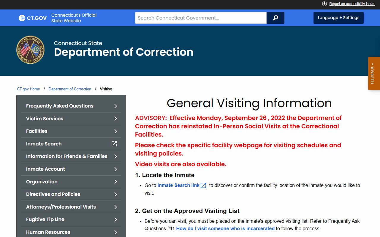 Connecticut DOC visiting rules page for Bridgeport Correctional Center inmate visits