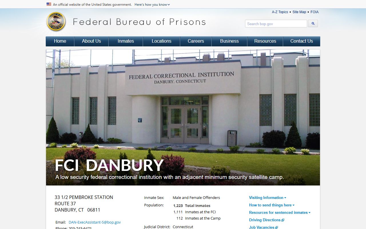Official BOP FCI Danbury federal prison page near Norwalk County