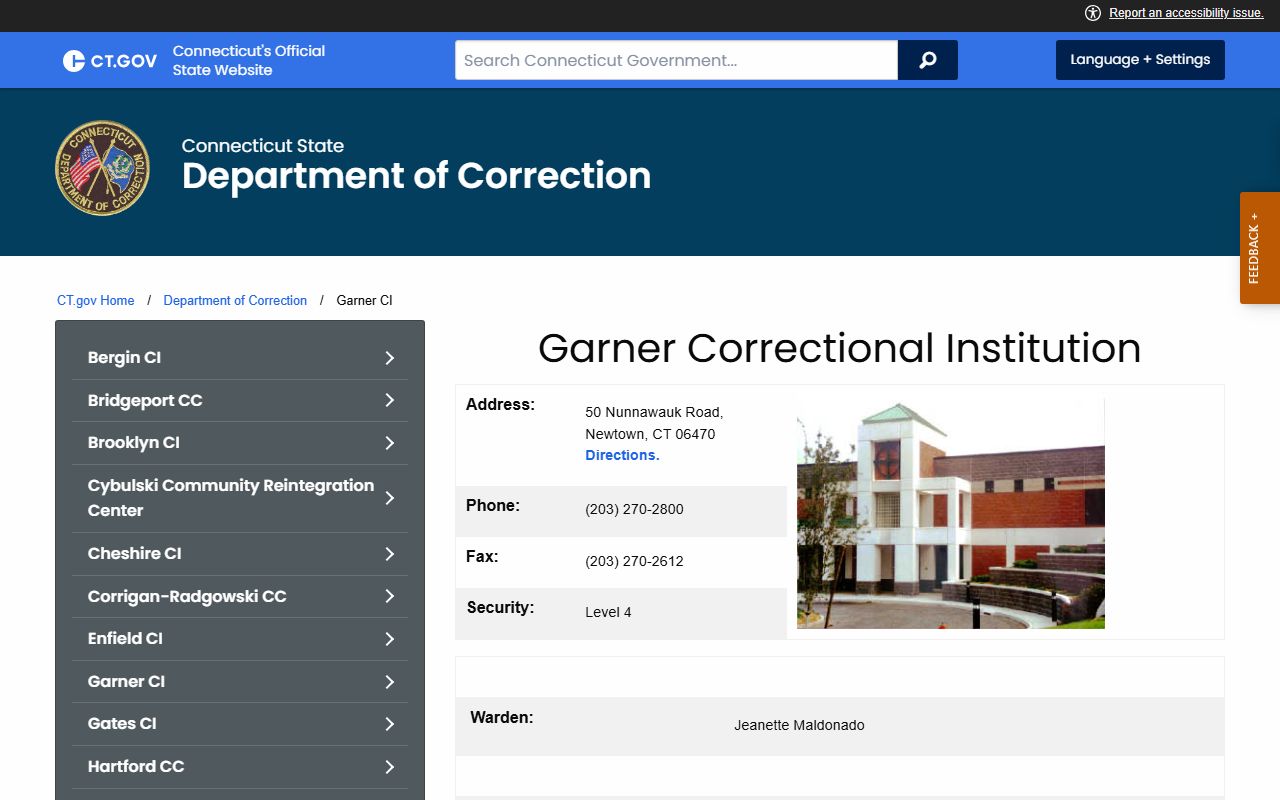 Garner Correctional Institution Connecticut DOC inmate page for Newtown near Norwalk County