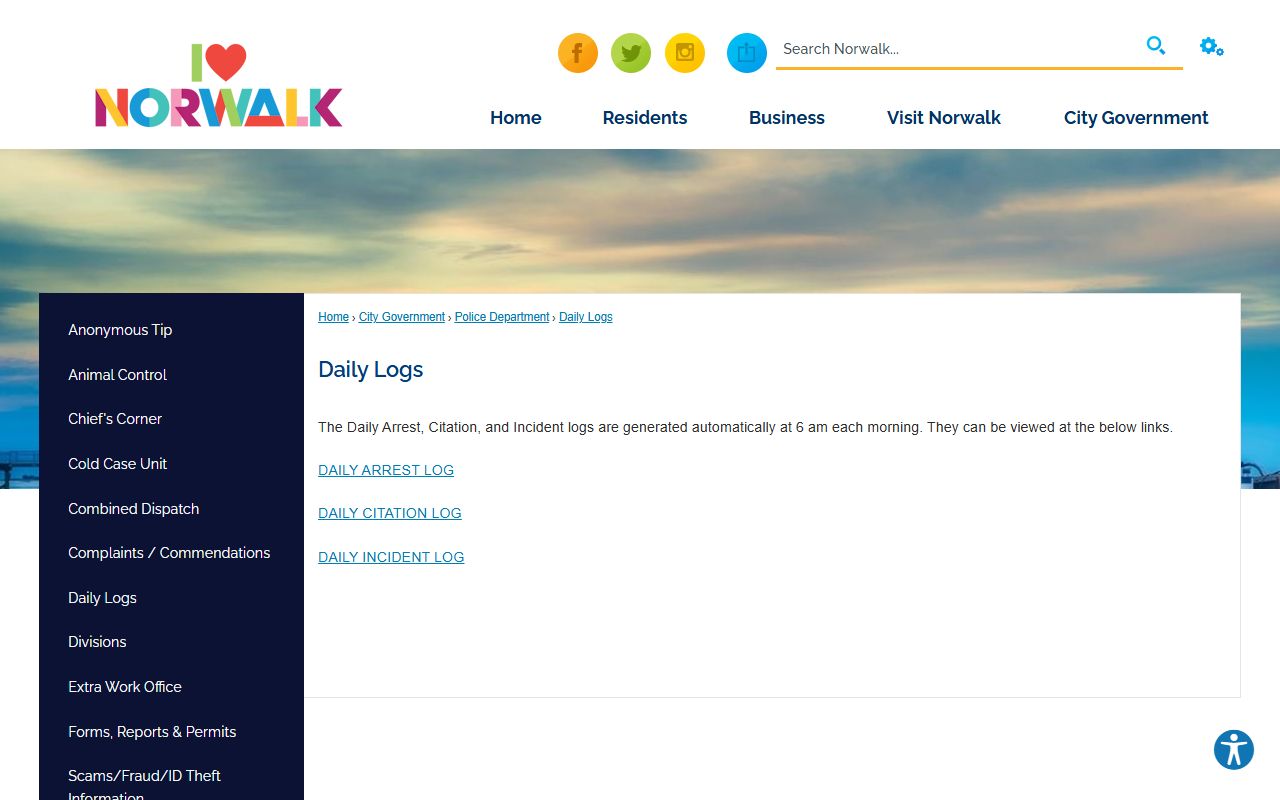 Norwalk County daily arrest log page for inmate records and booking lookup
