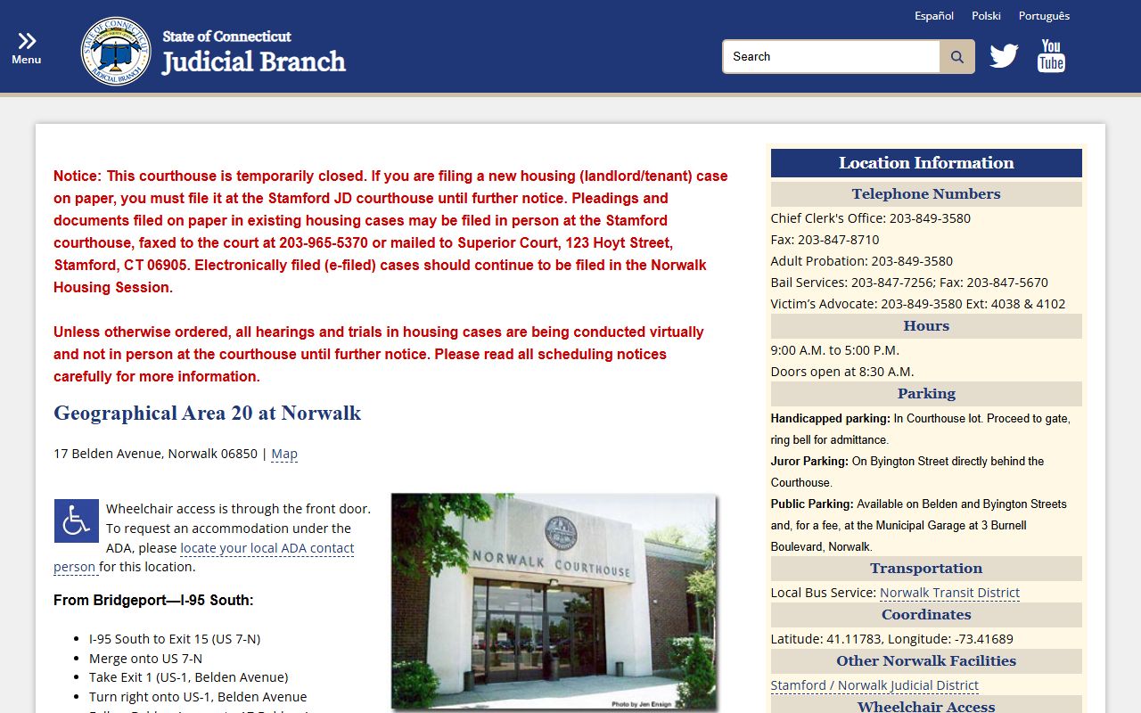 Norwalk County GA 20 courthouse directions page with arrest court record contacts